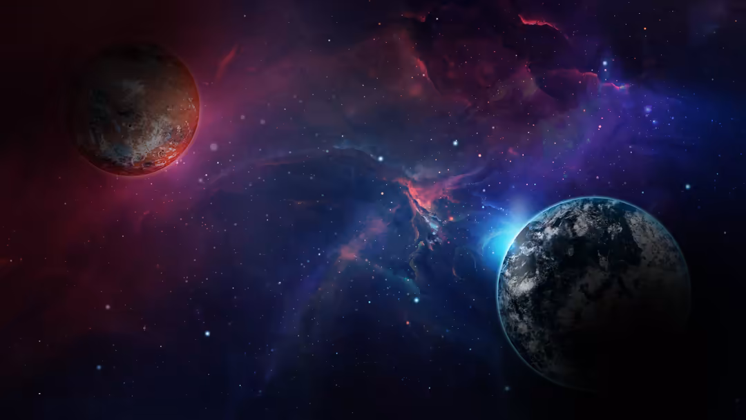 Two planets in deep space with glowing nebula clouds, stars, and cosmic dust creating a surreal galactic landscape