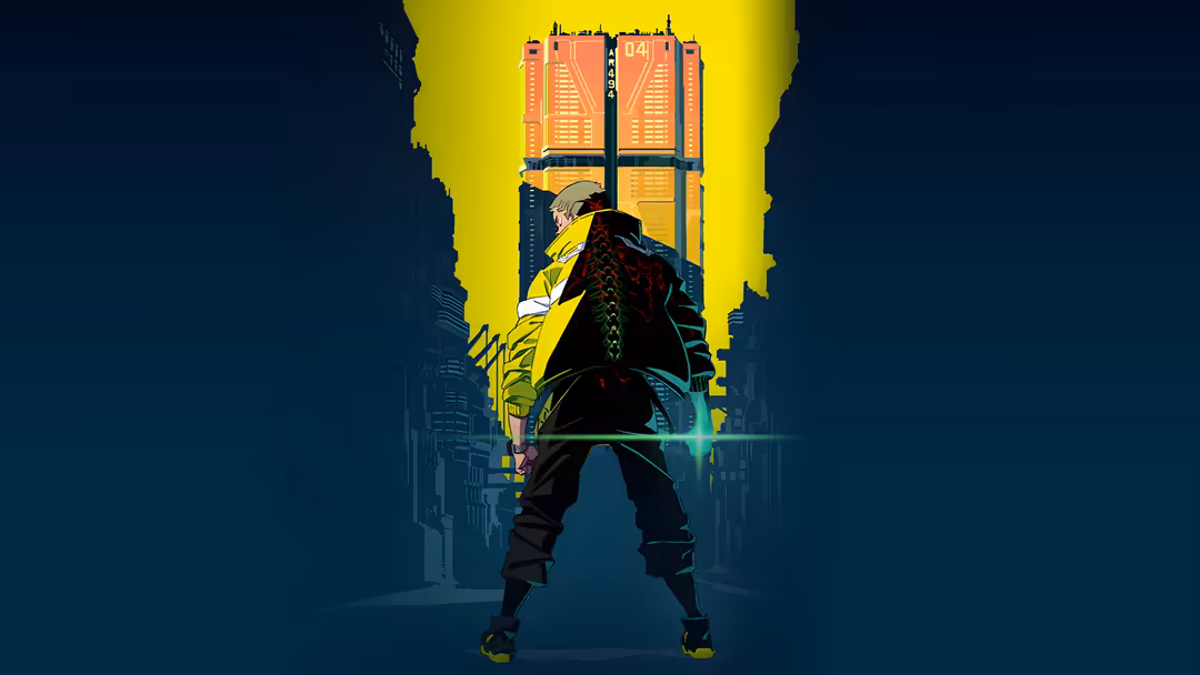 Silhouetted figure in futuristic jacket standing in neon-lit urban alley with yellow lighting and towering buildings overhead