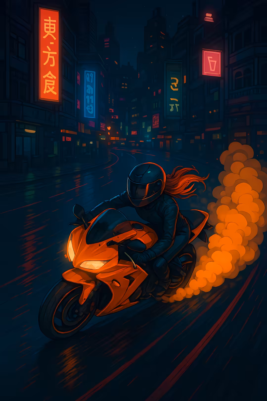 Motorcycle rider on orange bike speeds through rain-soaked neon-lit Asian city street with glowing red and blue signs, orange