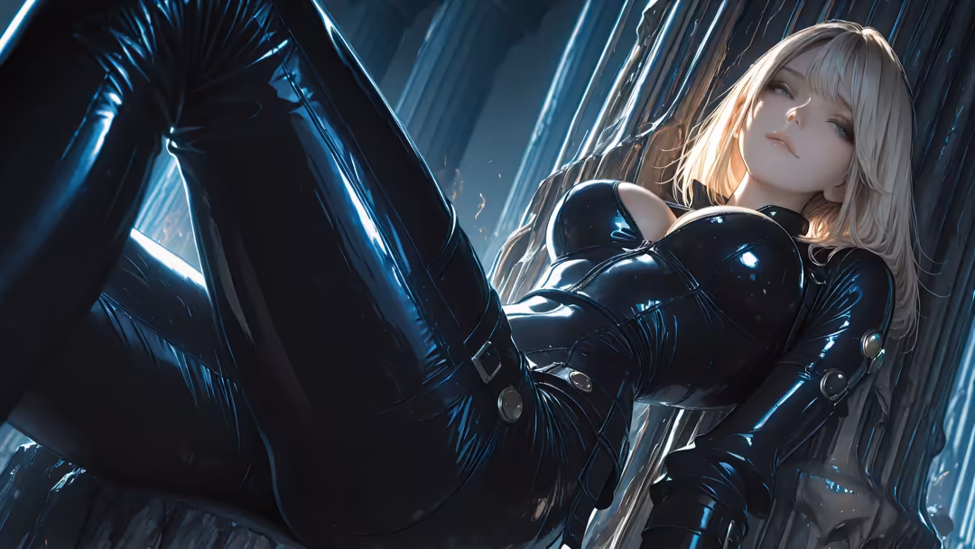 Ethereal warrior in sleek black armor with luminescent blue accents, platinum blonde hair, standing amid towering neon-lit st