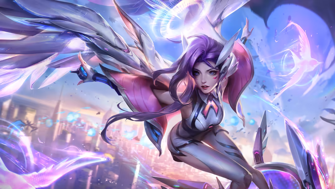 Mystical warrior woman with purple hair and glowing magical effects, surrounded by swirling energy and ethereal light particl