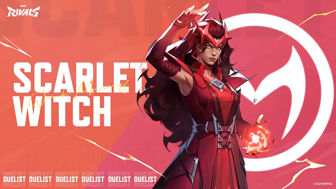 Scarlett Johansson as Scarlet Witch in red outfit with magical energy powers glowing in hand against pink background