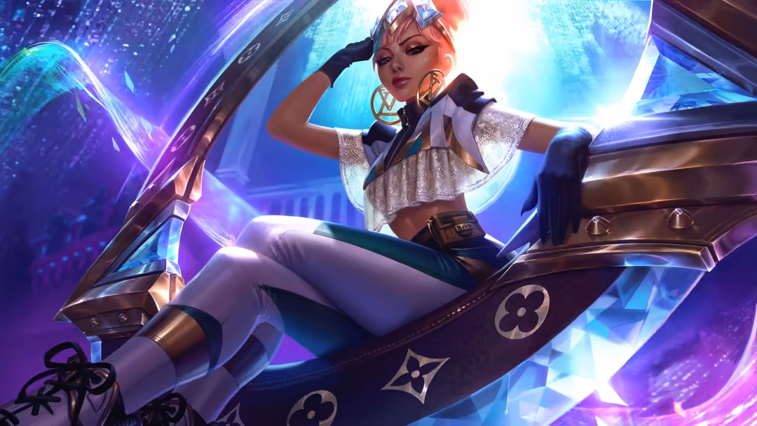 Futuristic character Qiyana sits in neon-lit cyberpunk environment with glowing purple and cyan lights, wearing white and met