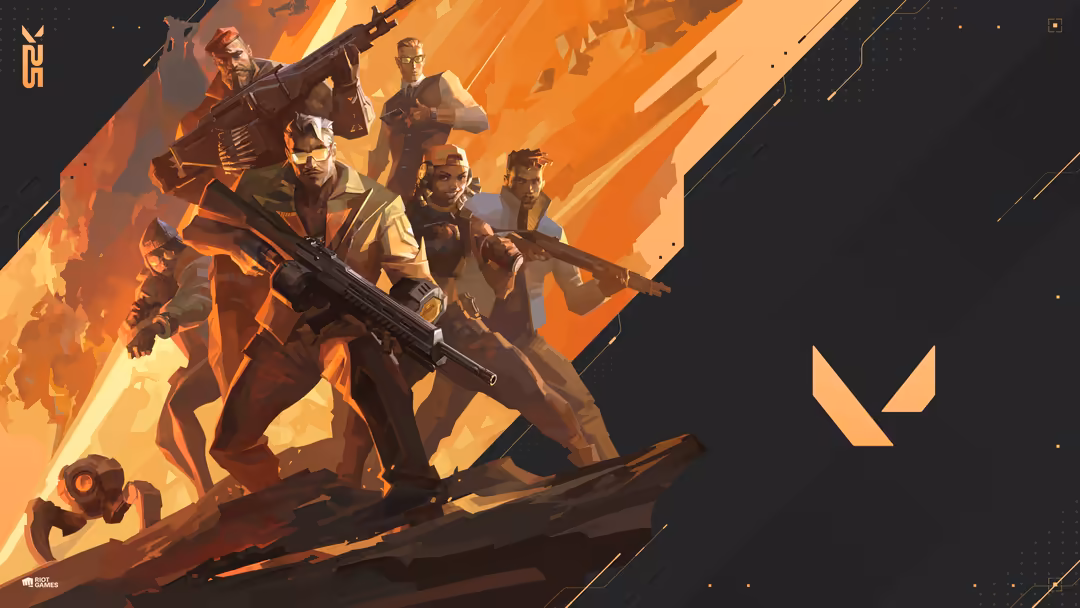 Five Valorant agents including Tejo, Raze, Phoenix, Chamber, and Killjoy posed together with fiery orange background and weap