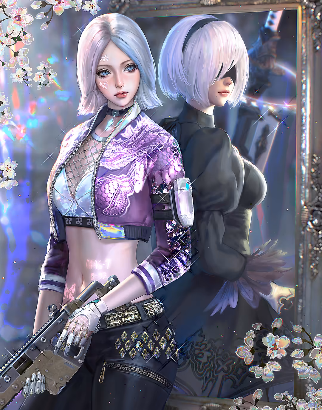 Two anime-style female characters with silver hair in cyberpunk tactical gear, one in purple with rifle, surrounded by glowin