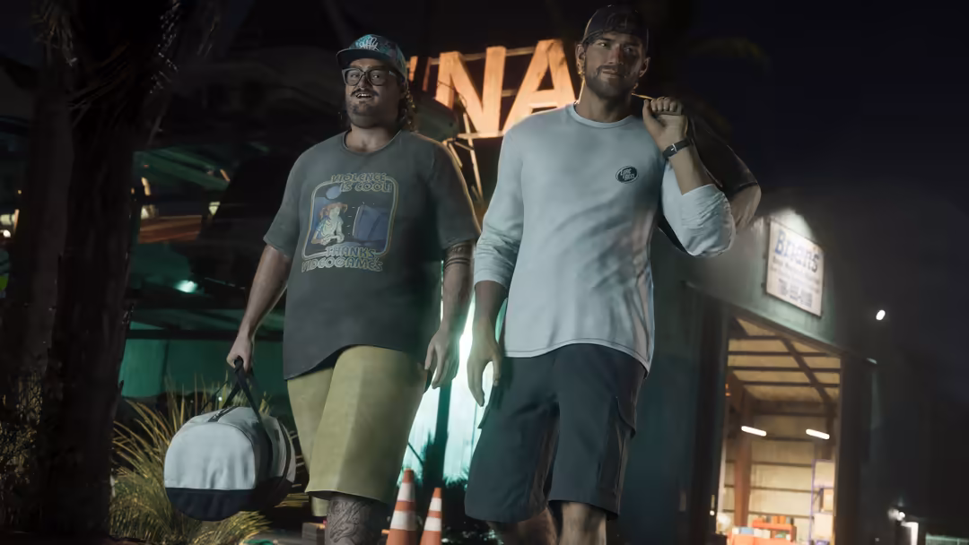Two characters in casual streetwear standing under neon signs at night in an urban setting from GTA VI
