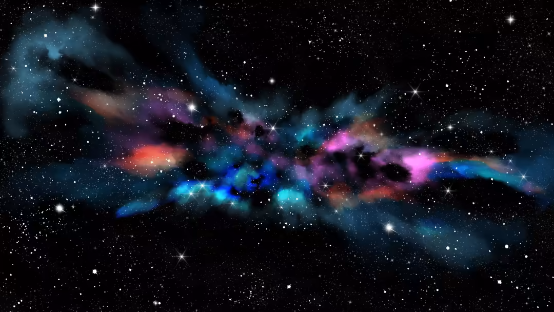 Vibrant cosmic nebula with swirling clouds of blue, purple, pink, and red gas illuminated by bright stars against deep black