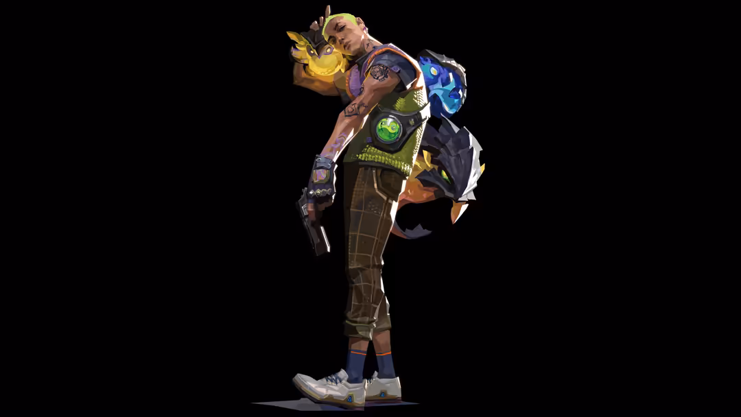 Gekko agent from Valorant holding a glowing yellow orb, wearing tech-powered tactical gear with green and blue accents agains