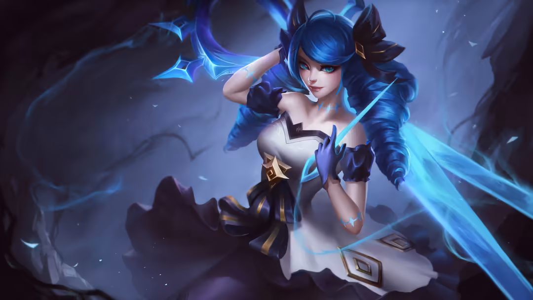 Animated character Gwen with blue hair and electric powers, wearing white and gold outfit with glowing blue magical effects s