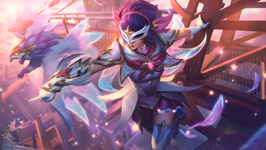 Vibrant fantasy warrior with purple and gold armor, glowing sword, mystical phoenix companion, and luminous aura in epic batt
