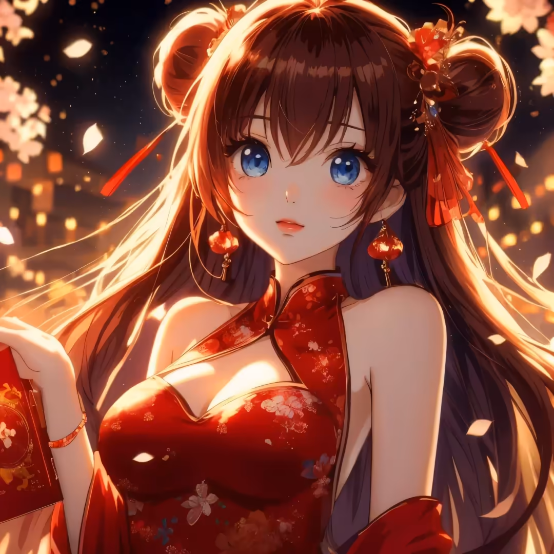 Anime girl with long dark hair in red dress adorned with floral patterns, golden neon aura framing her face, bright blue eyes