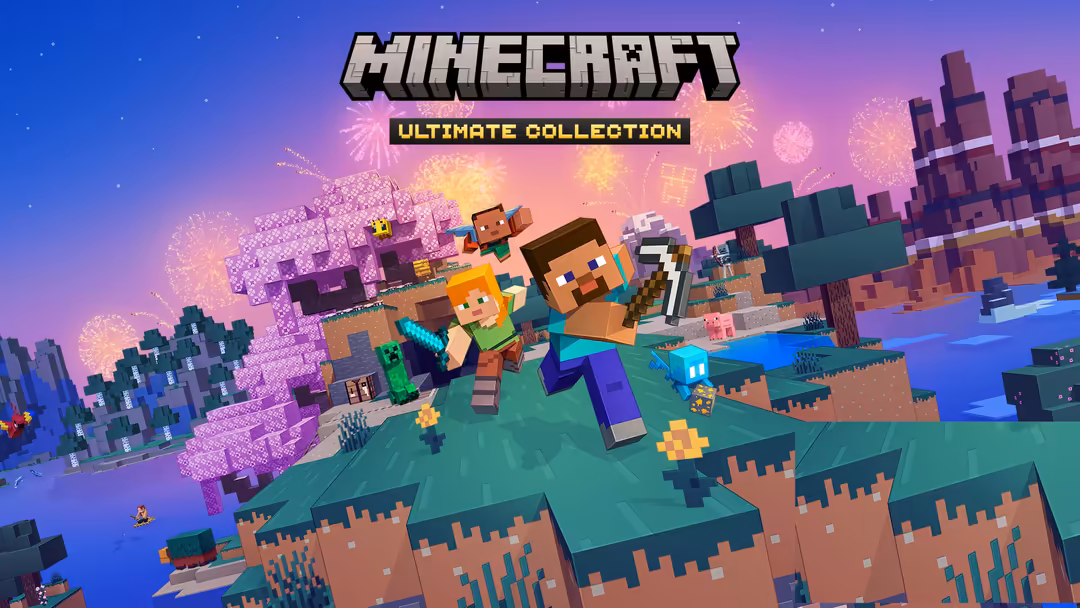 Minecraft characters Steve and Alex stand in colorful pixelated landscape with purple sky, floating islands, and blocky struc