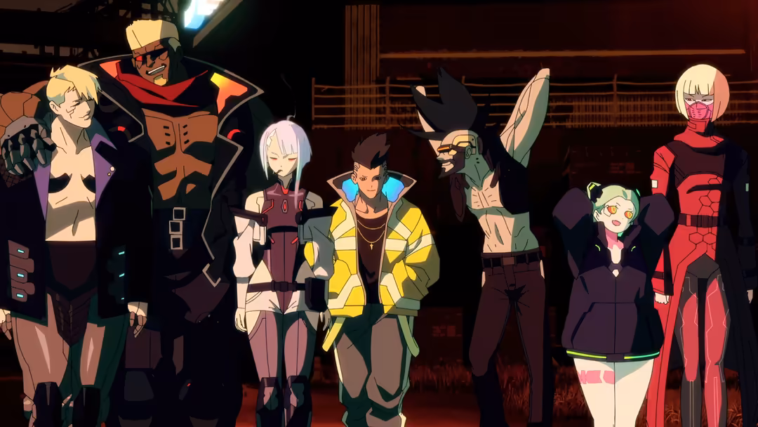 Anime-style cyberpunk characters in futuristic tactical gear, standing together in dramatic neon lighting with industrial bac