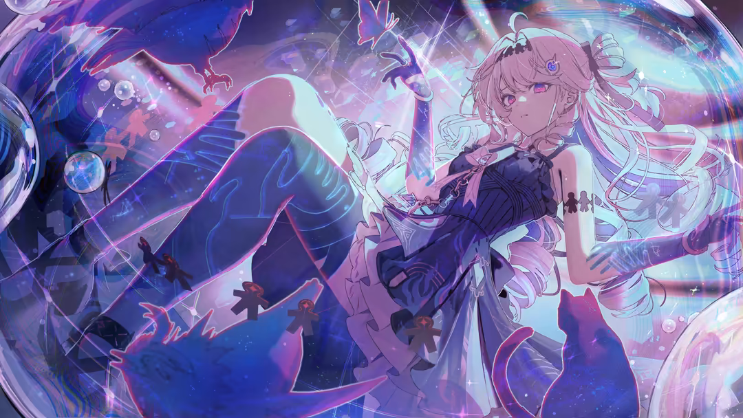 Anime character Denia surrounded by vibrant purple and blue neon energy effects with glowing geometric patterns and ethereal