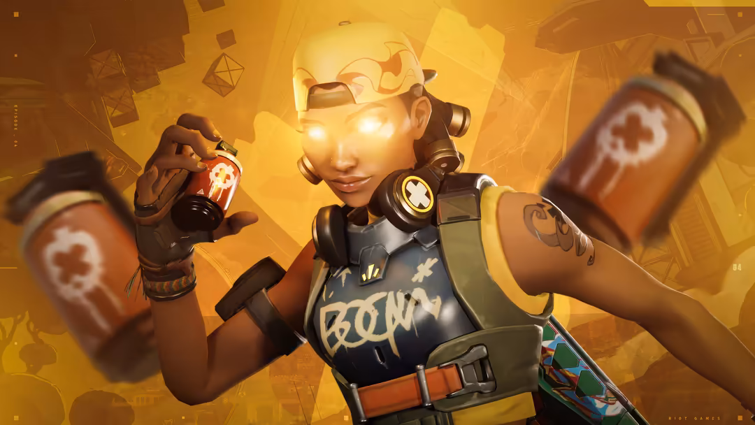 Raze from Valorant with glowing golden eyes, holding explosive devices with yellow light and graffiti art background