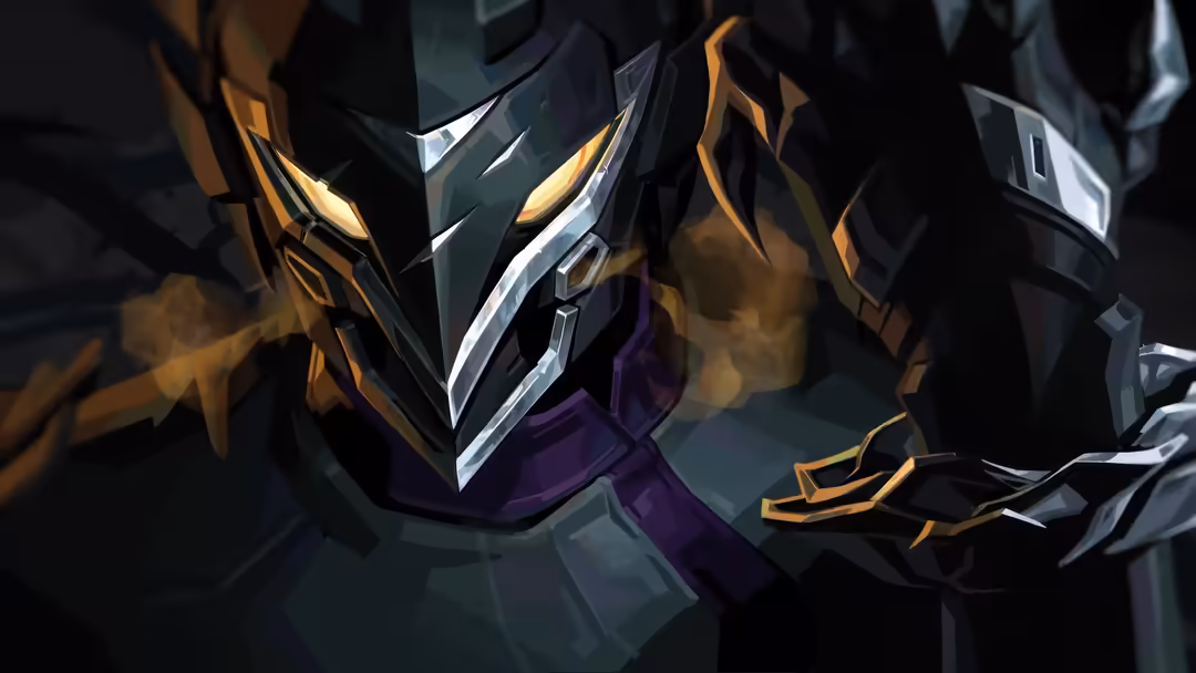 Vyse from Valorant with glowing purple and gold armor, sharp metallic features and ethereal energy effects in dark setting