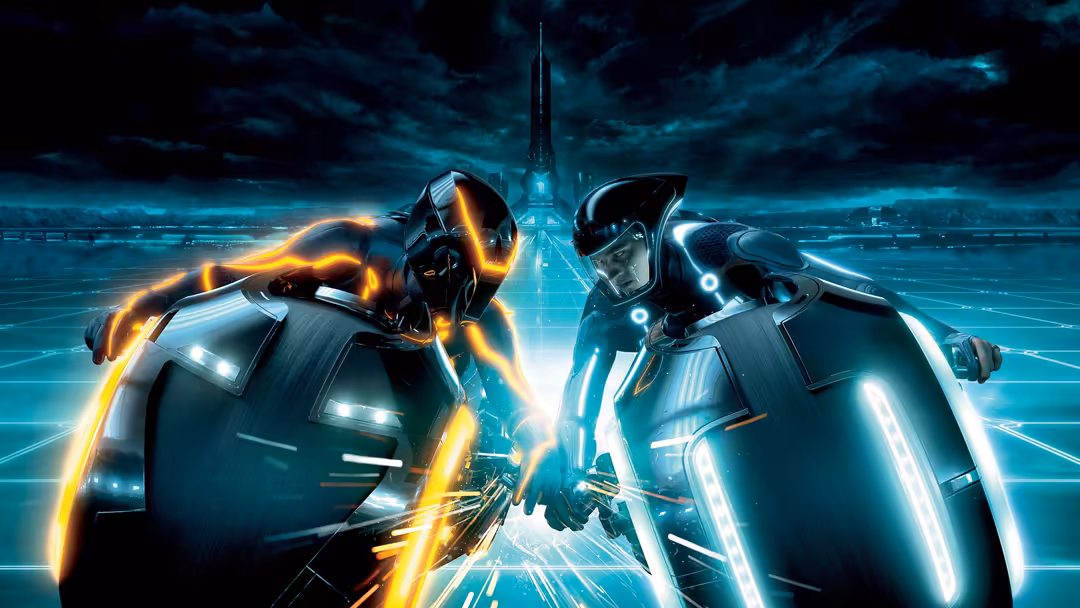 Two neon-glowing digital motorcycles facing each other in a vibrant turquoise cyber cityscape with glowing lights and futuris