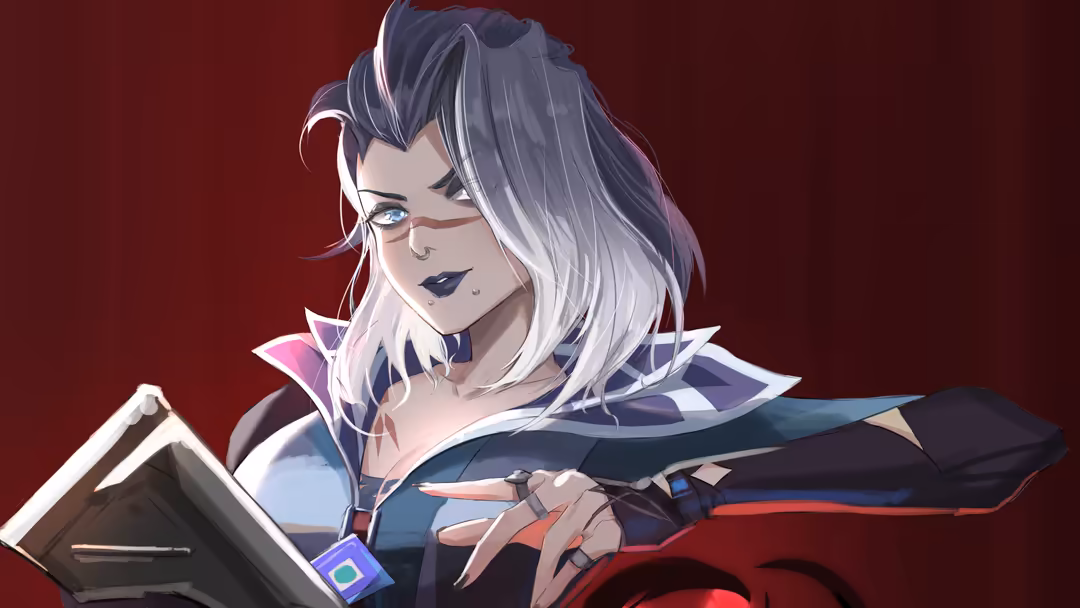 Anime-style portrait of Fade from Valorant with silver hair, blue eyes, and tactical gear against a deep red background