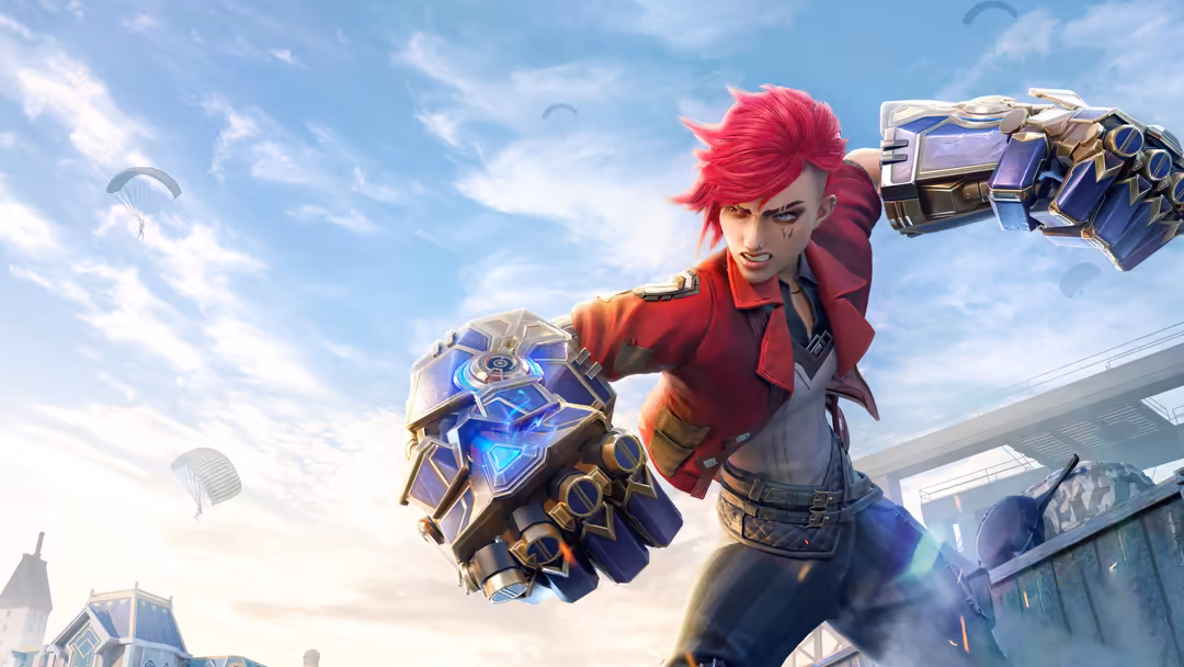 Red-haired female character Vi in combat gear with glowing blue gauntlets, mid-action pose against a cloudy sky backdrop
