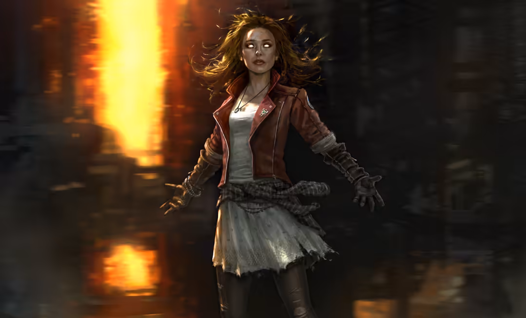 Woman with flowing hair in brown leather jacket against bright orange flame backdrop, dramatic cinematic lighting with intens