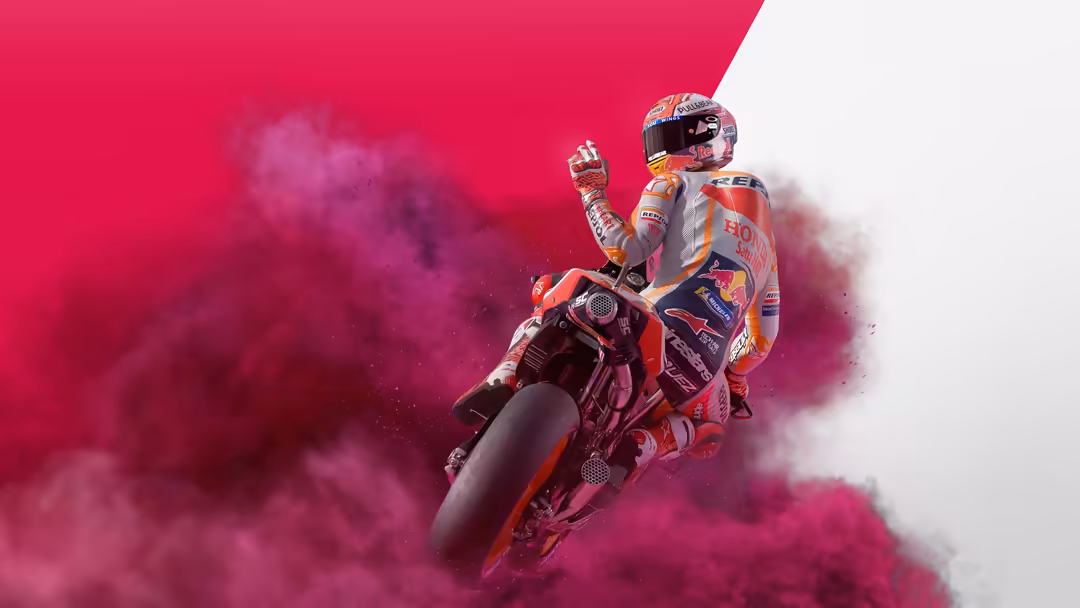 Motorcycle racer in vibrant pink and orange gear riding through thick magenta powder cloud against dramatic pink and white ba