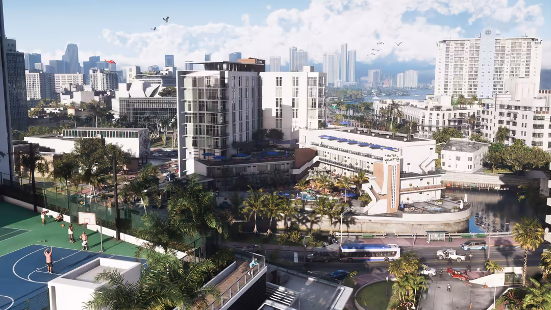 Modern urban waterfront district with contemporary residential towers, sports courts, palm trees, and distant city skyline un