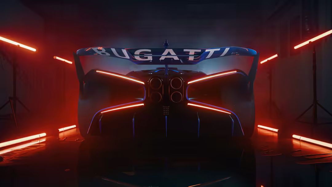 Sleek Bugatti Bolide hypercar illuminated by vibrant red neon lights in a dark garage, showcasing futuristic automotive desig