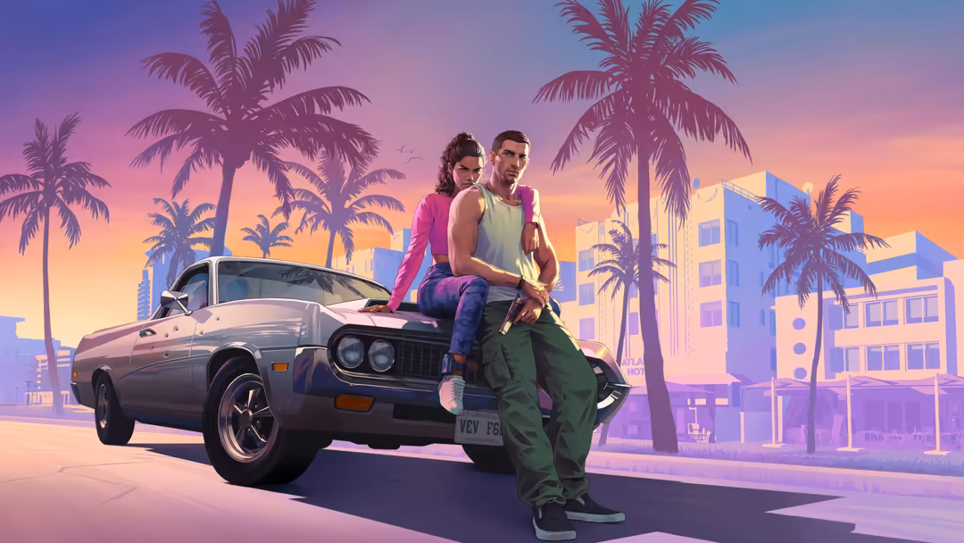 Two characters posing on a vintage muscle car with neon-lit palm trees and futuristic buildings under a vibrant purple and or