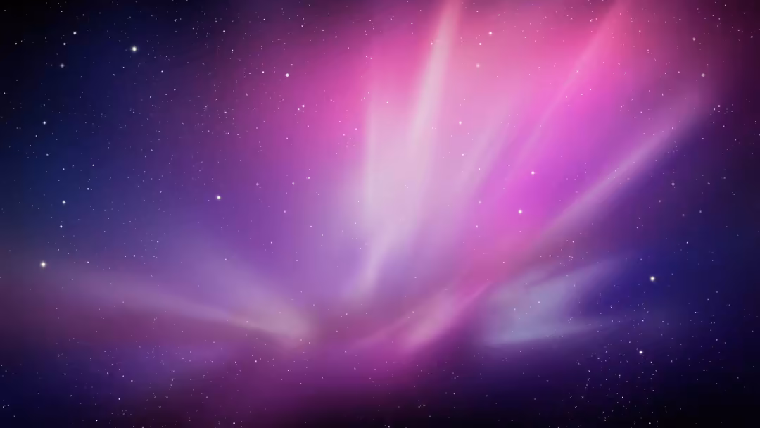 Vibrant magenta and purple aurora borealis with glowing nebula clouds scattered across a starlit cosmic sky
