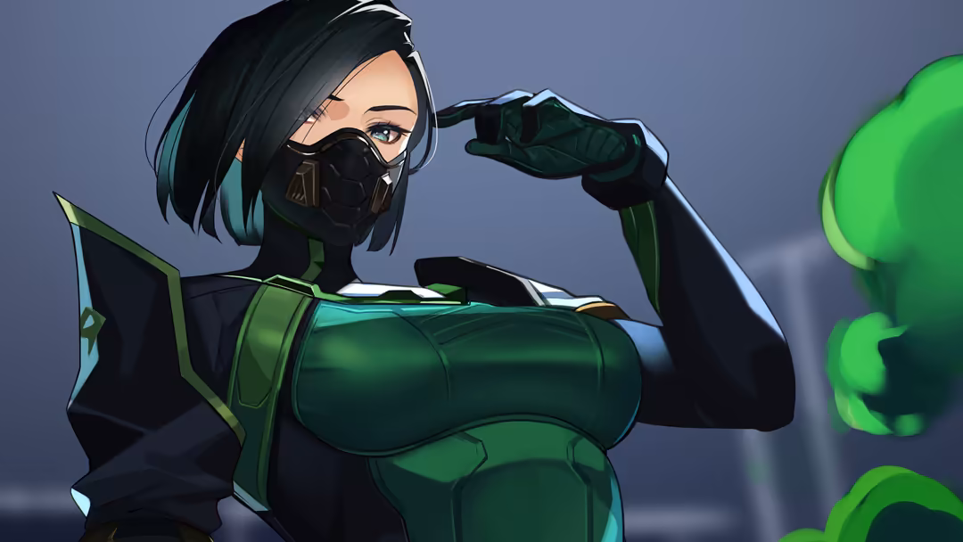 Animated character Viper from Valorant wearing green tactical suit and black mask, adjusting sunglasses with confident pose a