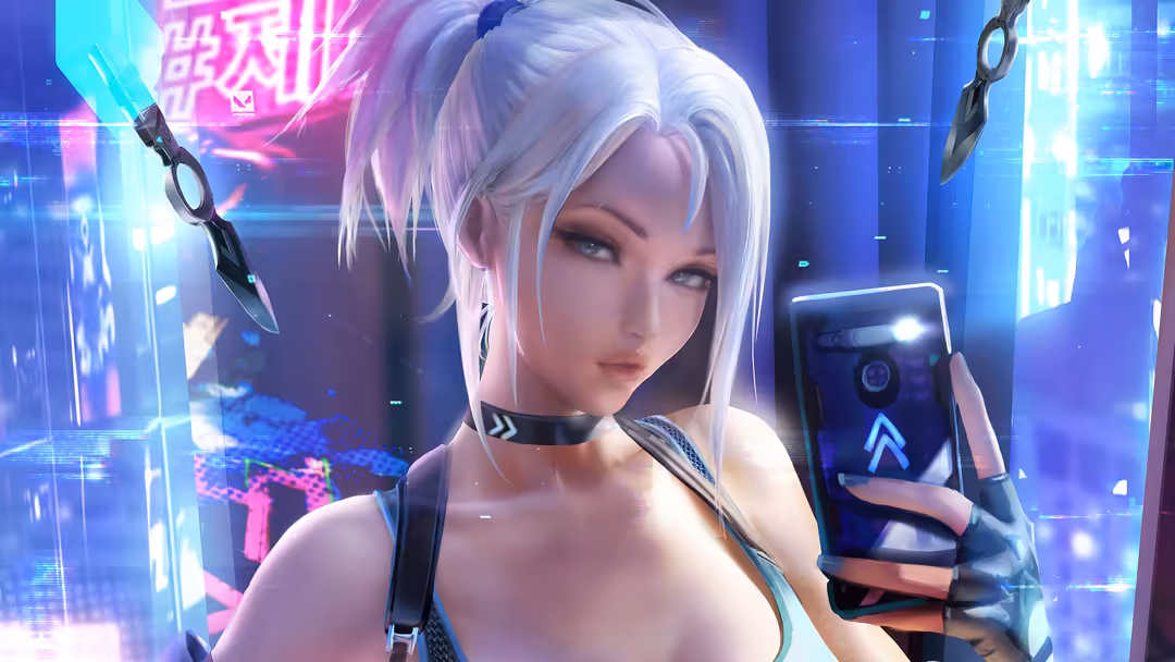 Anime-style female character with white hair wearing black choker, holding glowing smartphone surrounded by neon cyan and mag