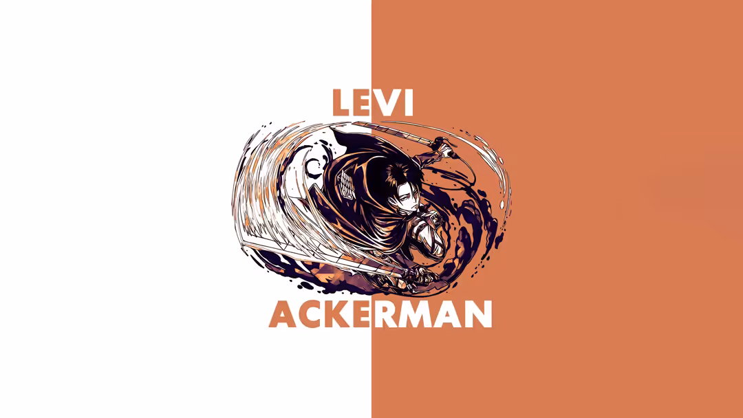 Levi Ackerman in dynamic action pose with orange and dark color scheme, anime character illustration in dramatic fighting sta