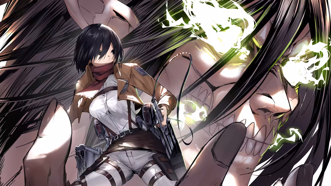Mikasa Ackerman in tactical gear with weapons, dramatic lighting and dark atmospheric background with green foliage