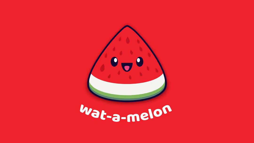 Cute smiling watermelon slice with big happy eyes and cheerful expression on bright red background with playful kawaii style