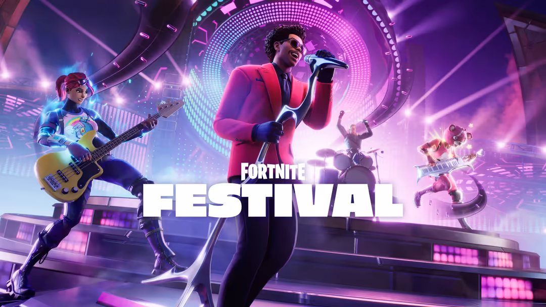 Colorful neon-lit concert stage with animated performers playing instruments and singing under vibrant purple and pink lighti
