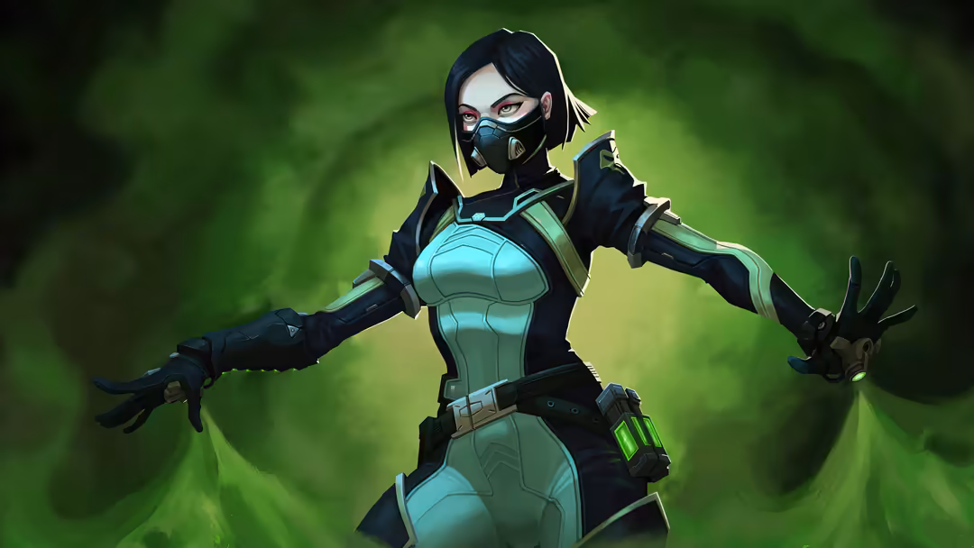 Tactical character Viper from Valorant in black and cyan bodysuit with gas mask, arms outstretched against green glowing back