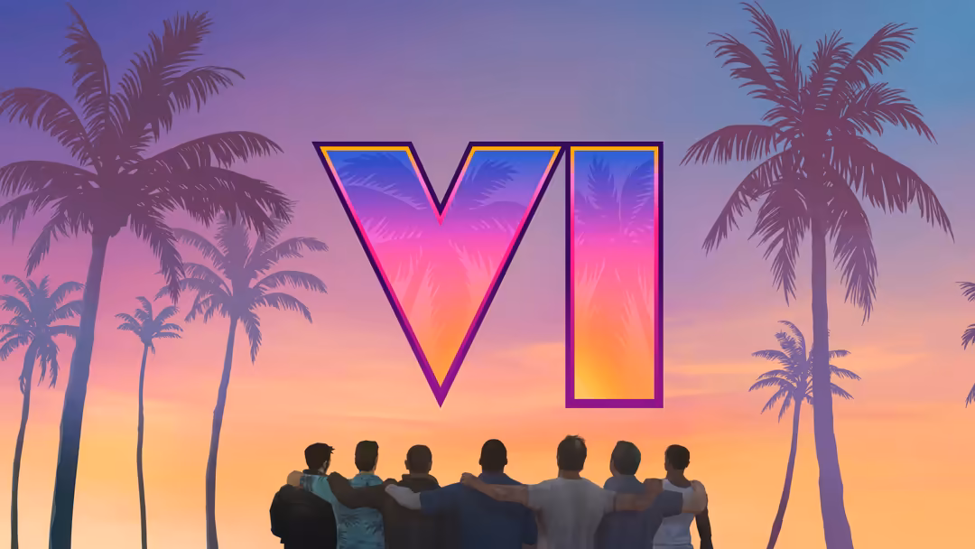 Silhouetted group facing vibrant neon VI text with gradient pink-to-yellow glow against tropical palm trees and sunset sky