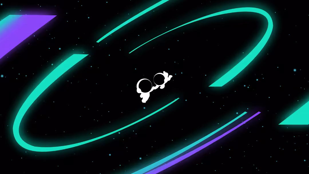 Cute white astronaut floating among glowing cyan and purple neon lines in a dark starry space environment