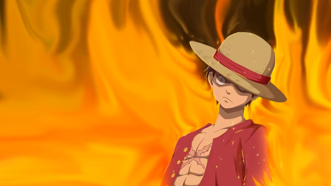 Animated character Monkey D. Luffy wearing white hat with red band and red jacket, posed confidently against intense orange a