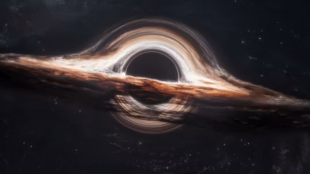Massive black hole with glowing accretion disk and relativistic jets against starfield in deep space