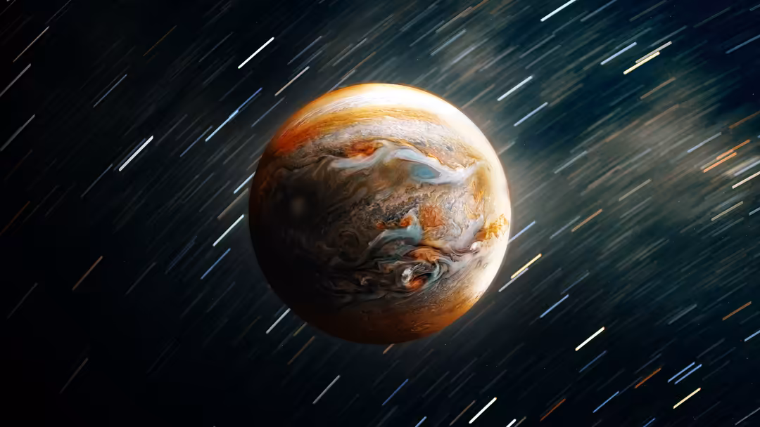 Majestic Jupiter planet with swirling atmospheric storms and cloud formations surrounded by streaking comet trails across dar