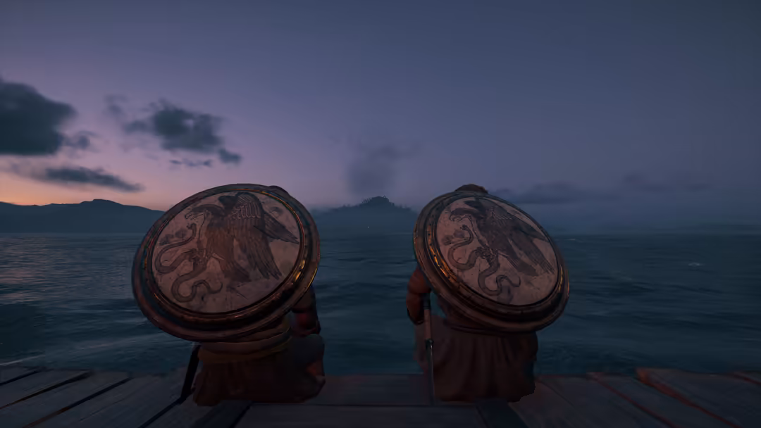 Two figures standing back-to-back on a wooden deck overlooking a serene ocean at twilight, wearing ornate circular shields, s