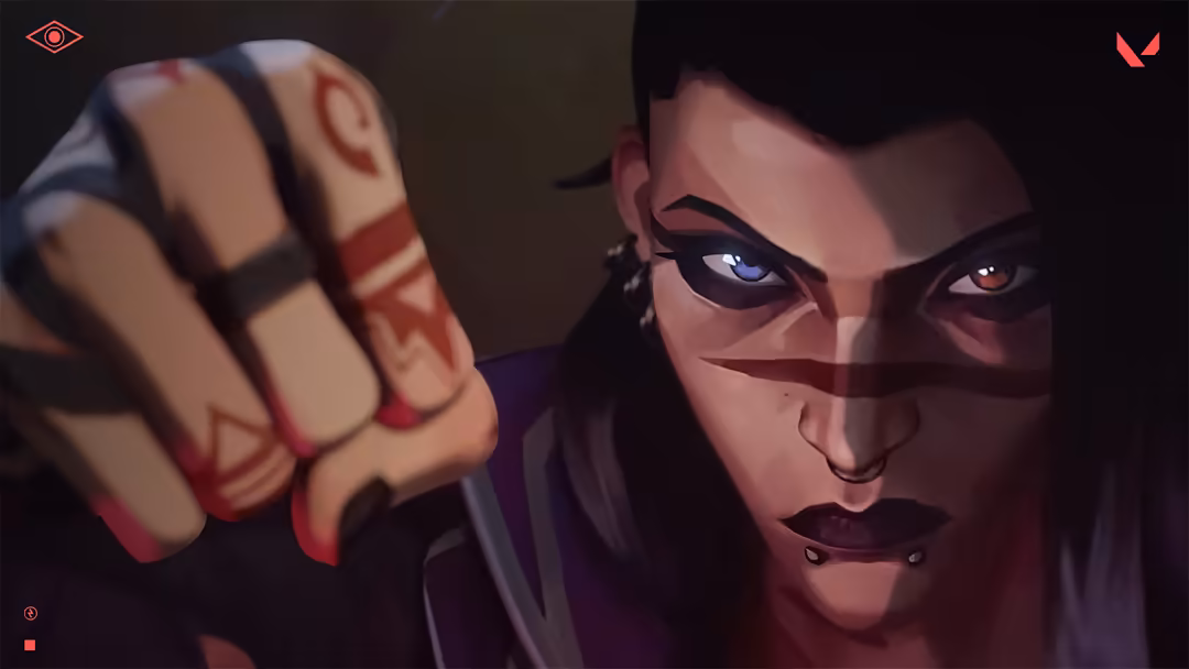 Animated character Fade from Valorant game with distinctive mask, glowing eyes, and red-patterned tactical suit in dark atmos
