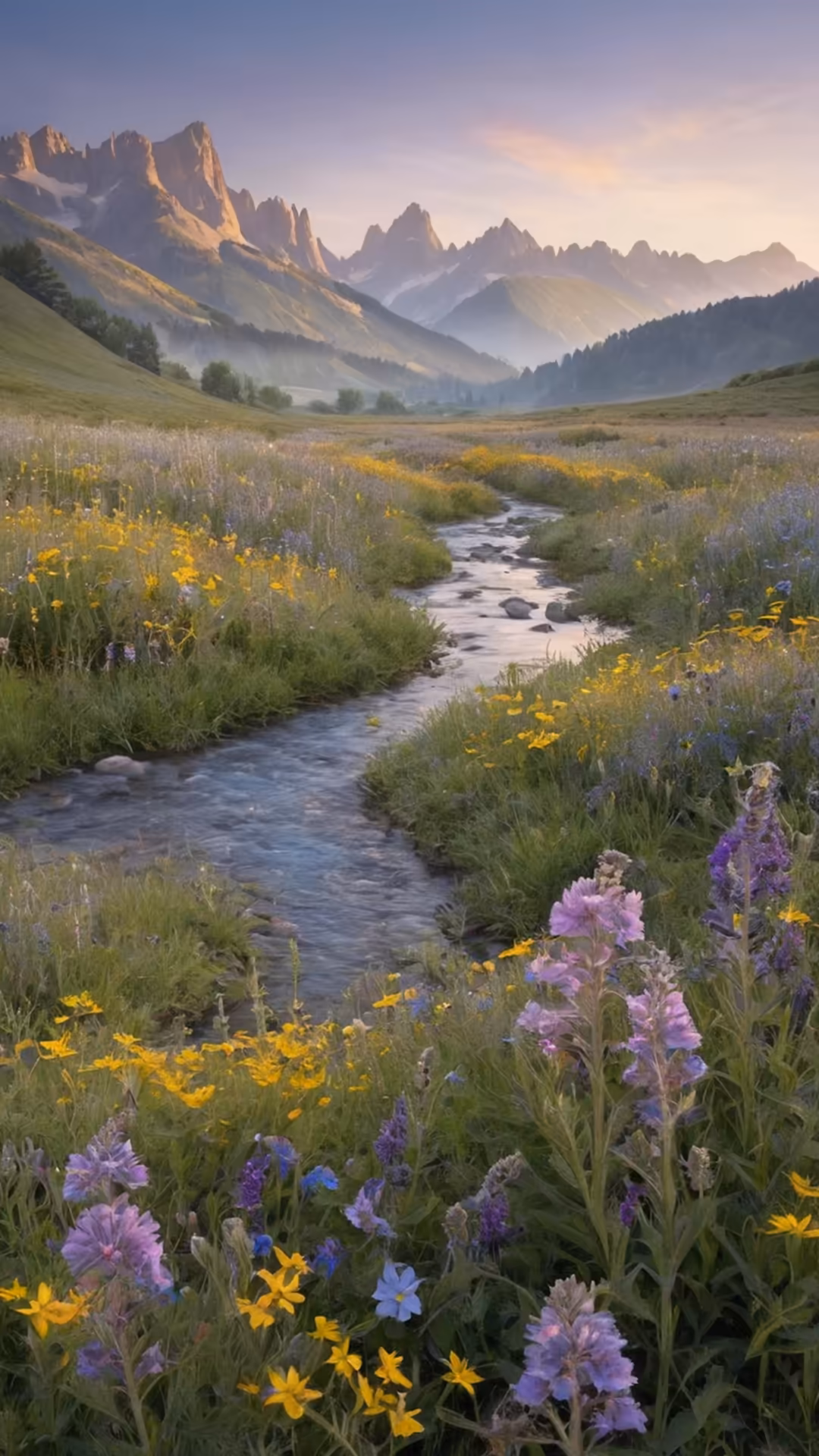 A serene alpine meadow with a flowing stream lined with vibrant purple and yellow wildflowers, towering jagged mountain peaks