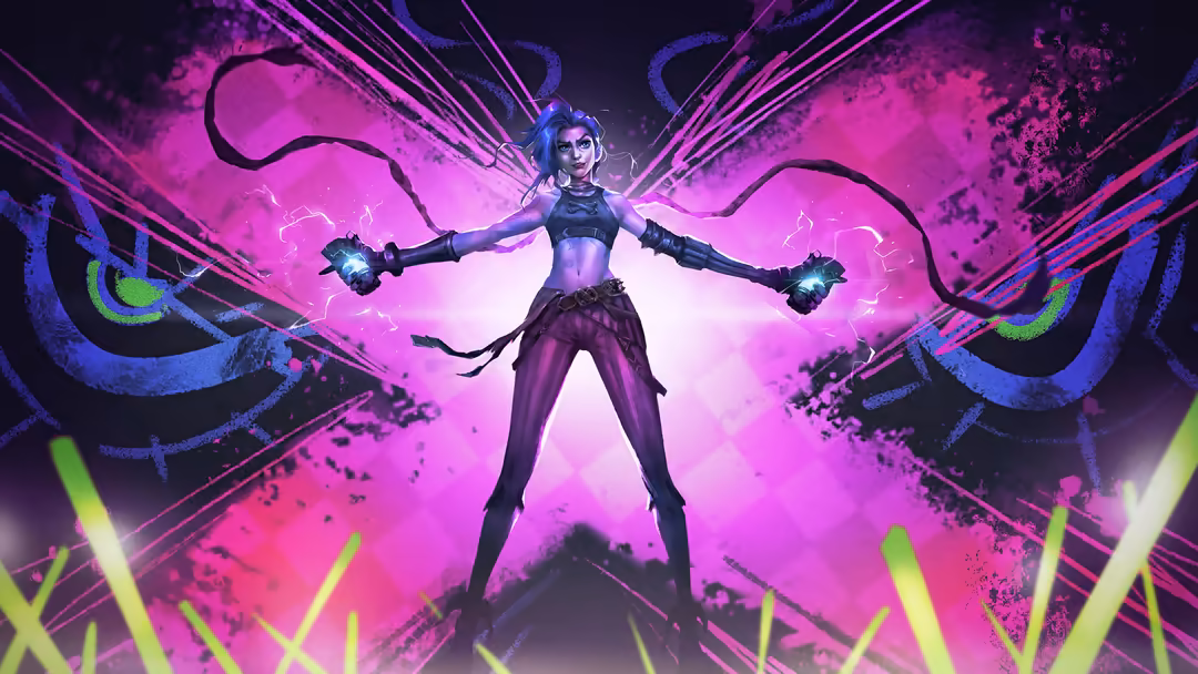 Neon-lit character with purple and magenta energy effects, wielding glowing power spheres in cyberpunk style