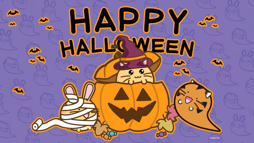 Happy Halloween" in orange text appears above cute cartoon characters including a cat in a witch hat inside a…