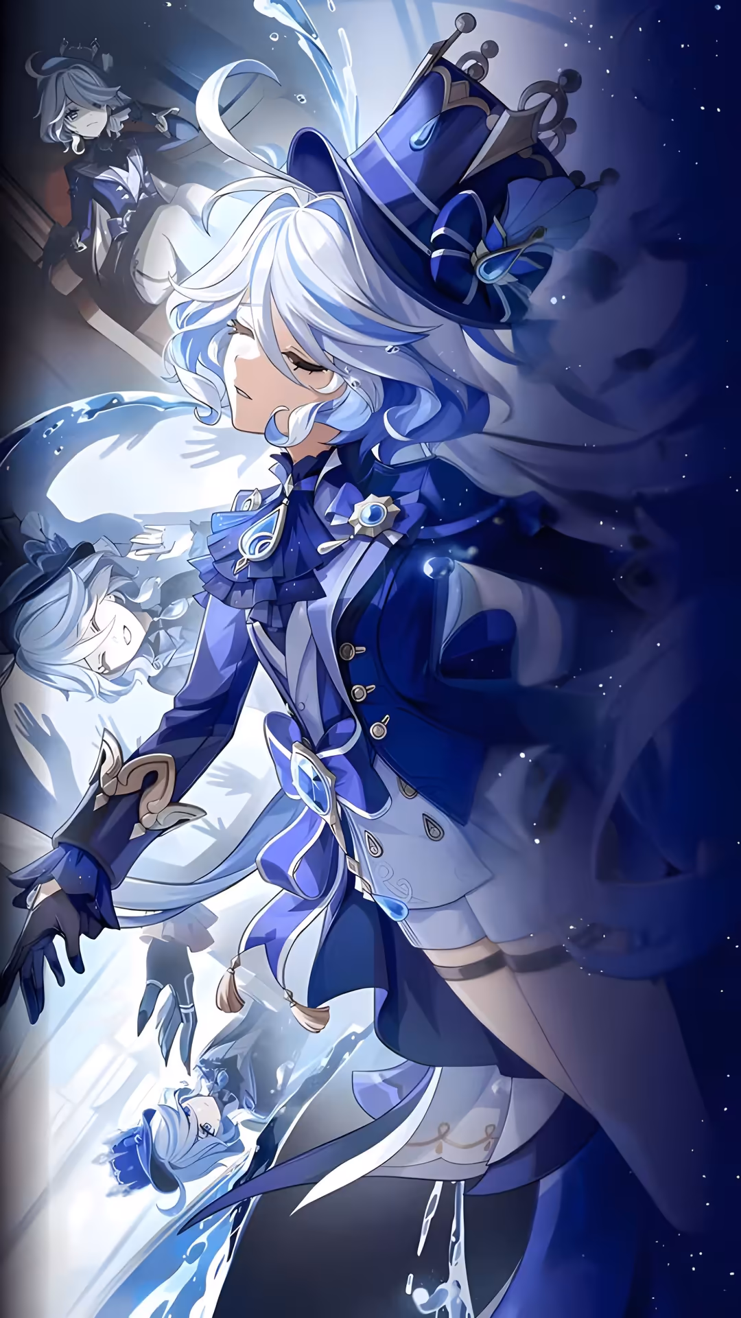 Anime character Furina with flowing silver hair in elegant blue and white outfit, surrounded by glowing magical effects and e