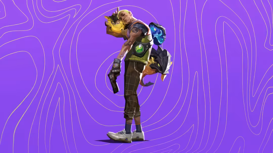 Gekko character from Valorant game standing against vibrant purple background with yellow line patterns, holding colorful cre