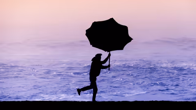 Silhouette With Umbrella On Beach