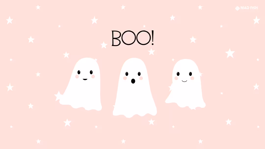 Three cute ghost characters with happy and surprised expressions on a soft pink background scattered with white stars and BOO